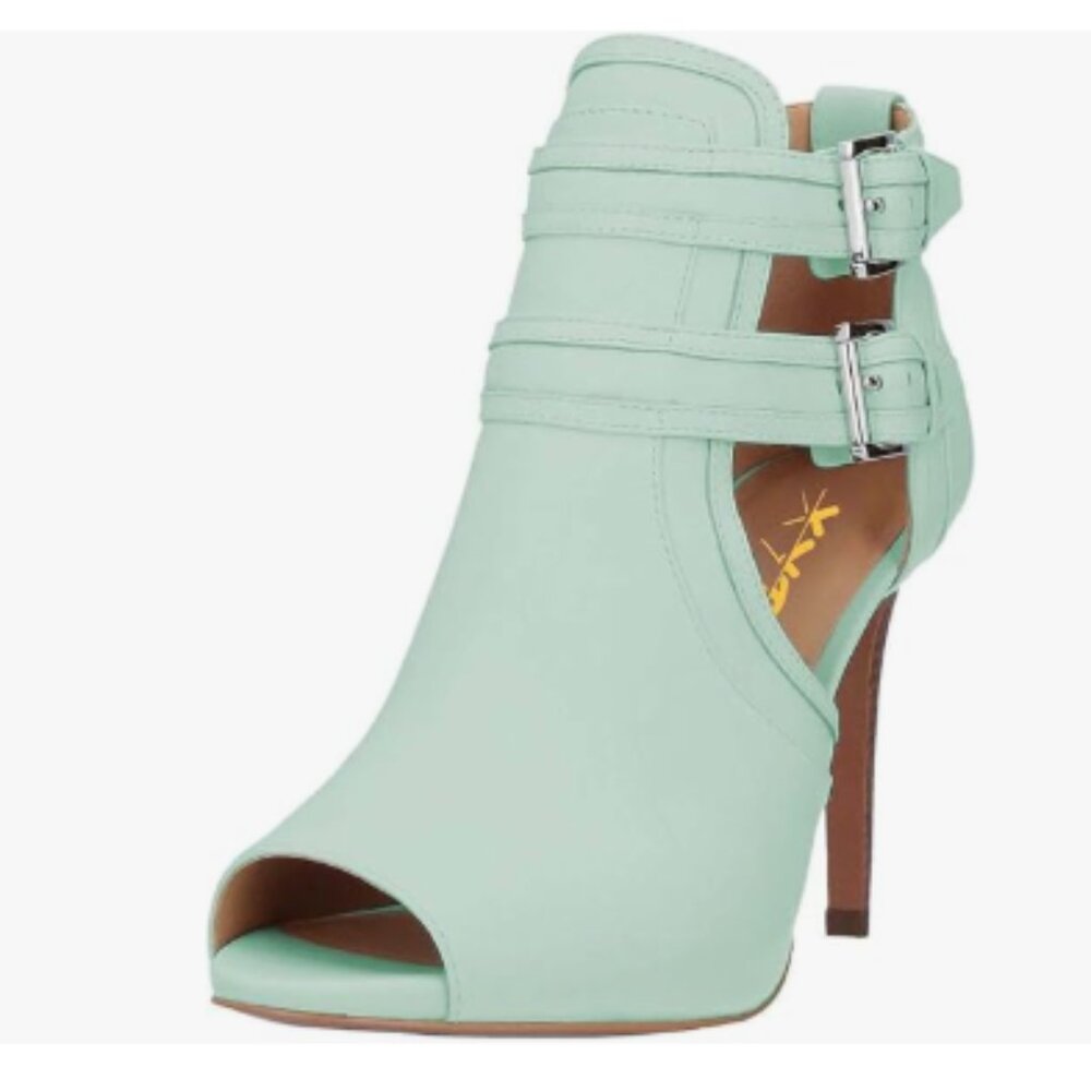 XYD Aquamarine Peep Toe Ankle Booties Dual Buckled Straps Stiletto Heels Sandal